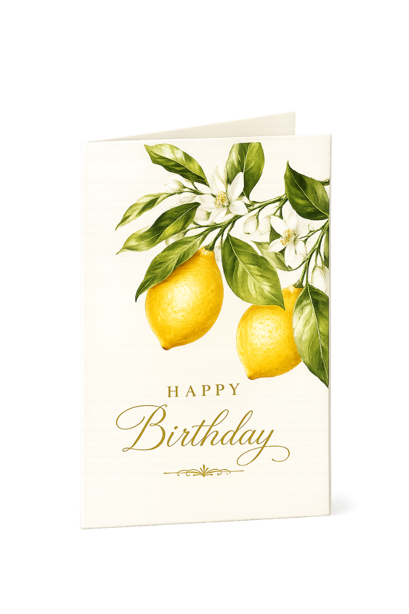 Happy Birthday Lemons A fresh and timeless birthday card adorned with hand-painted lemons, delicate blossoms and graceful gold lettering.